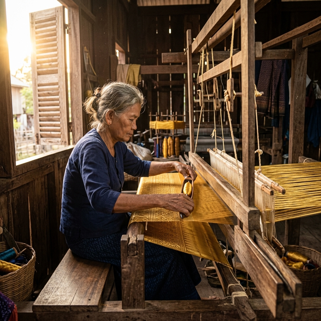 Cambodian Silk Artisan Hand Weaving